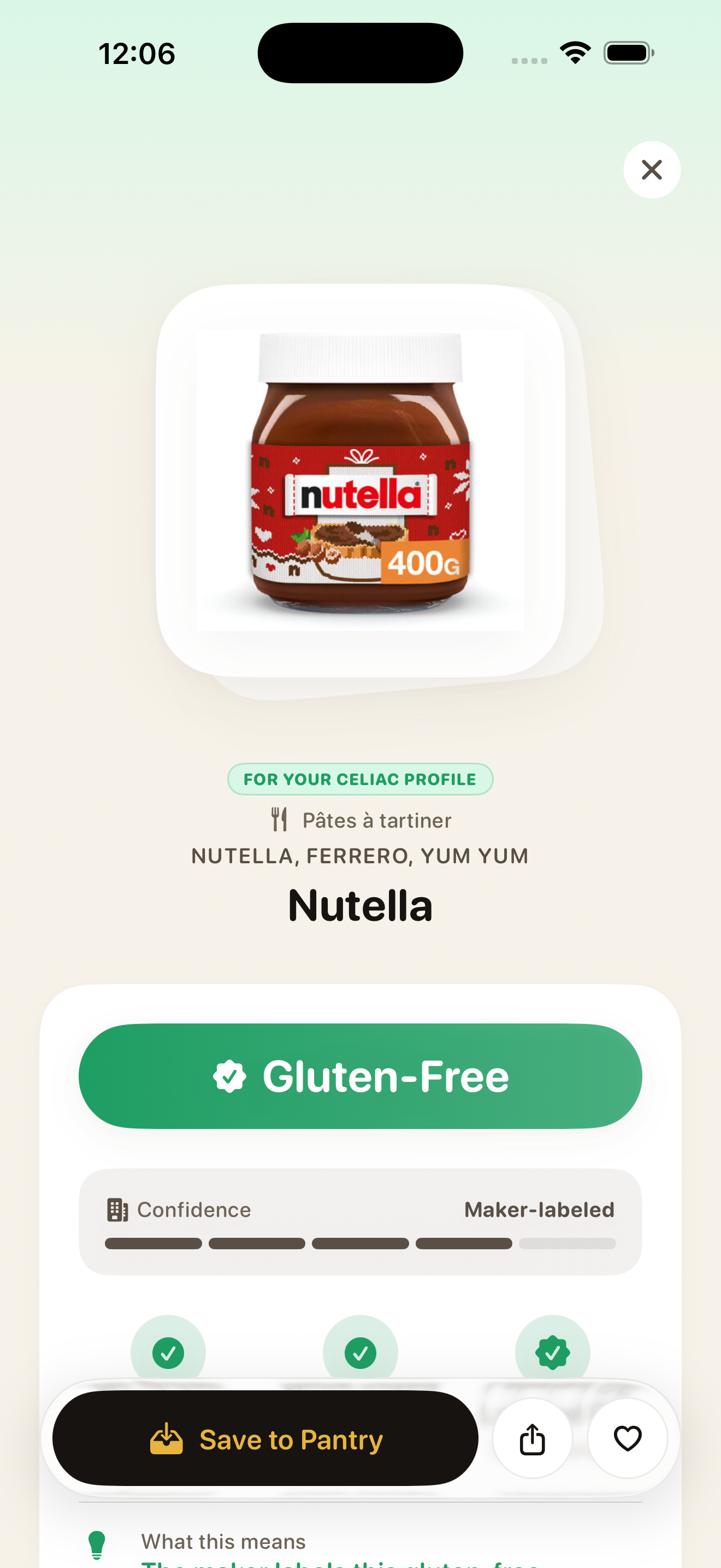Celiscan showing a scanned product's gluten verdict with the evidence behind it